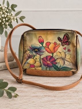 Anna by Anuschka Hand Painted Leather Floral Butterfly Crossbody Bag